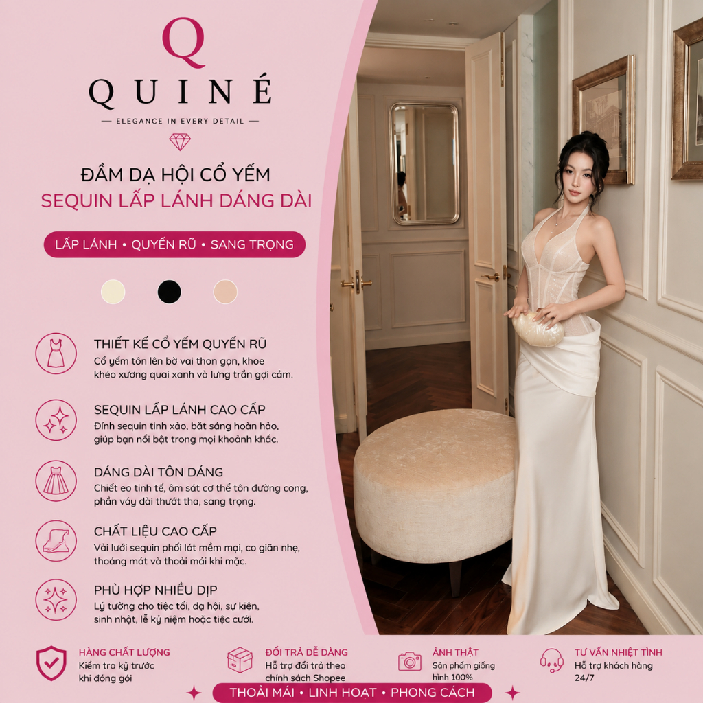 Đầm Dạ Hội Cổ Yếm Sequin Lấp Lánh Dáng Dài Ôm Eo Tôn Dáng – Váy Maxi Cao Cấp Dự Tiệc Quyến Rũ Thanh Lịch