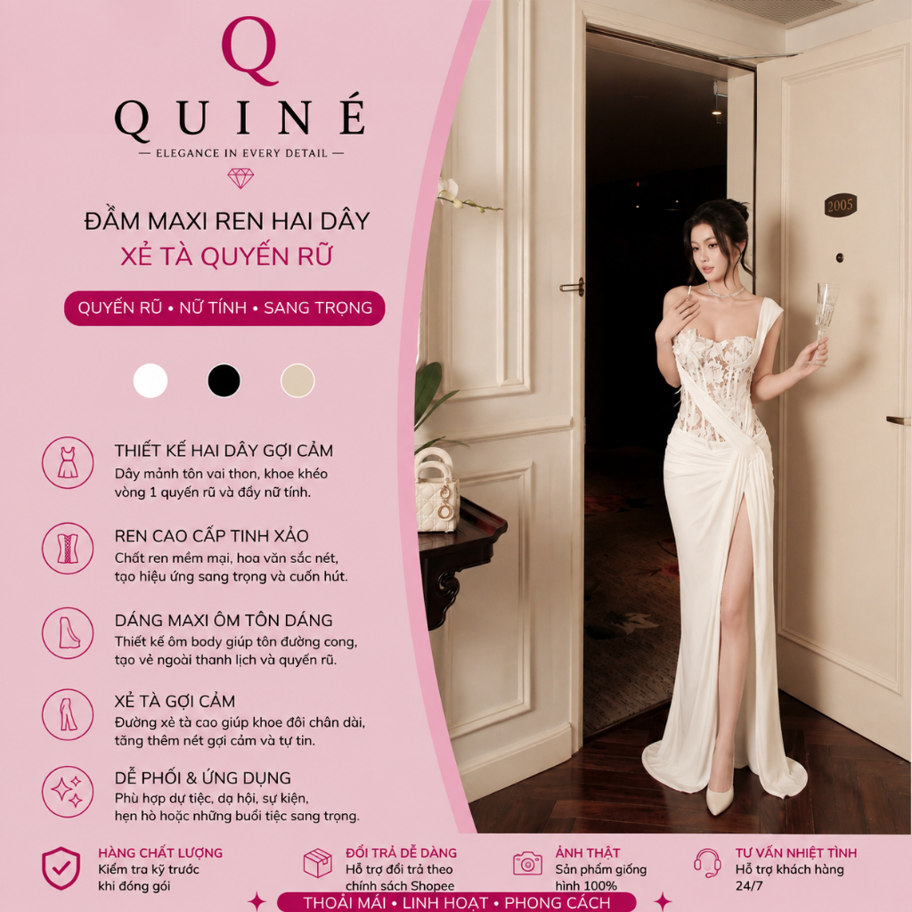 Đầm Maxi Ren Hai Dây Xẻ Tà Quyến Rũ Cao Cấp – Váy Dài Dự Tiệc Sang Trọng Tôn Dáng Nữ Tính Thanh Lịch