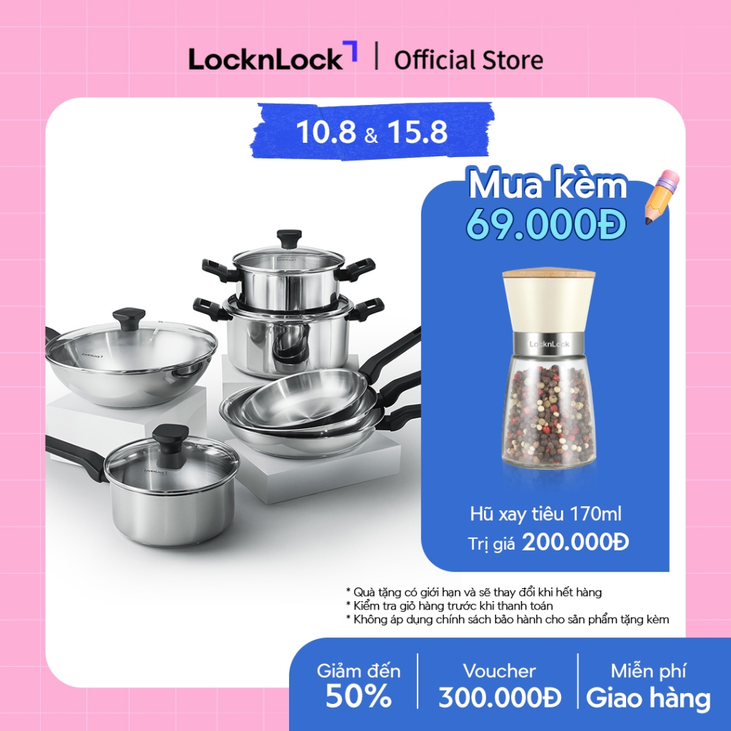 Nồi, Chảo Inox LocknLock Daily STS PPW thân bằng thép không gỉ 304, kèm nắp kính trong suốt, tay cầm chịu nhiệt