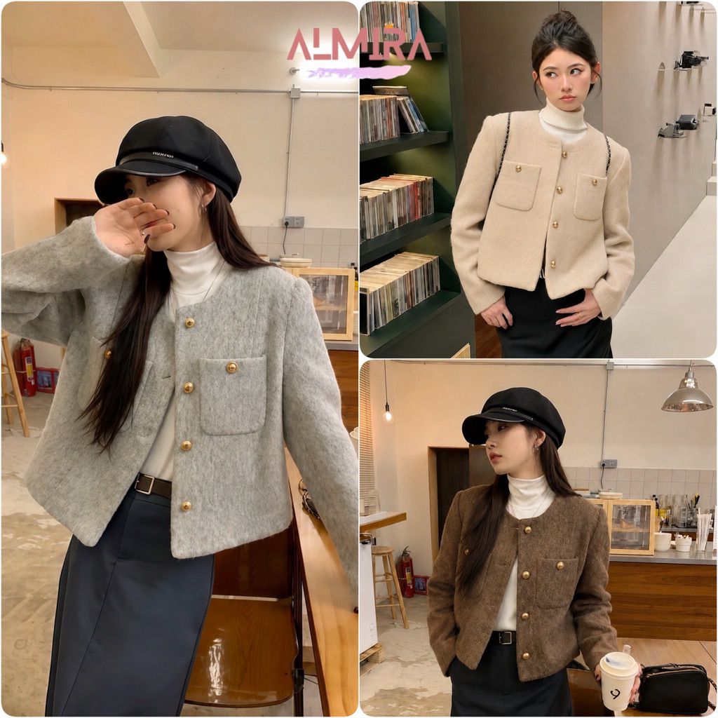 Áo Khoác Dạ 2 Lớp Túi Ngực Dáng Thường Almira