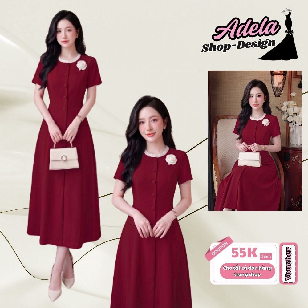 Váy Thiết Kế ADELA DESIGN Chéo Tuyết Dáng Xòe Cổ Viền Trắng Đỏ Ruby Thanh Lịch MDU6677