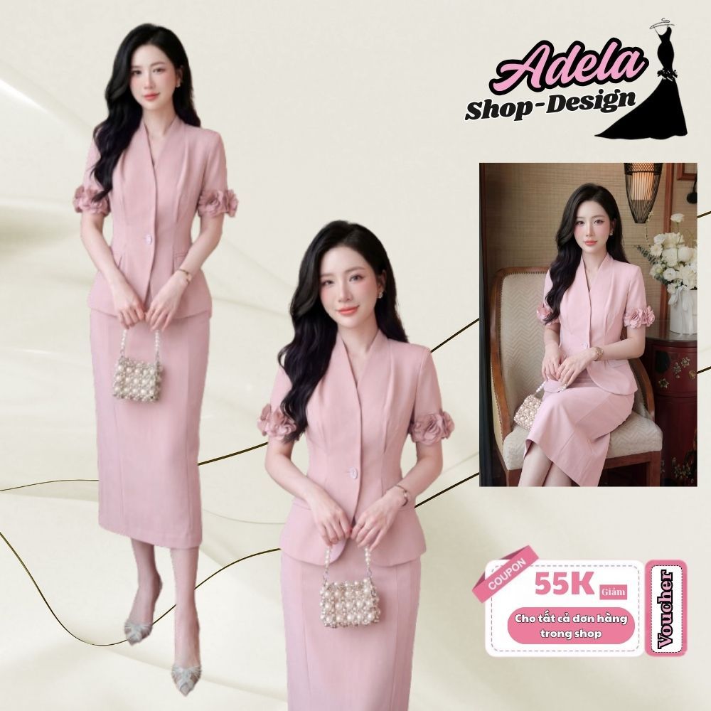Set Váy Thiết Kế ADELA DESIGN Twill Nhật Áo Vest Cổ V Chân Váy Bút Chì Hồng Phấn MDU6572
