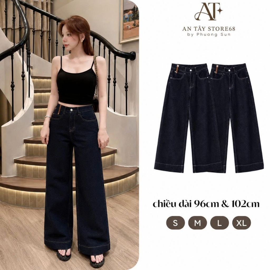 Quần jean nữ ống suông AN TÂY dáng Dài 96-102cm phối mác da gấu bản to denim đứng form #7992 8078