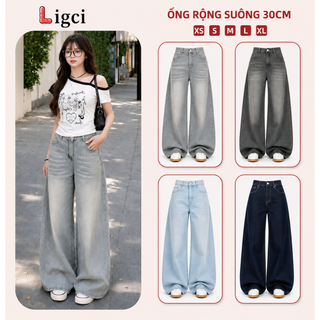 Quần Jeans Nữ Ống Rộng Cạp Cao Wash Xanh Bạc Cao Cấp Form Suông Dài Che Khuyết Điểm Ligci