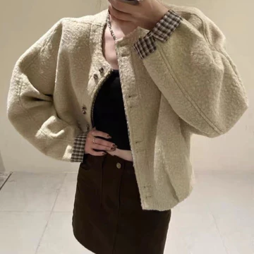 Áo khoác dạ phối caro thường ngày dạo phố áo khoác nữ mùa xuân thu mới áo khoác oversize in xu hướng