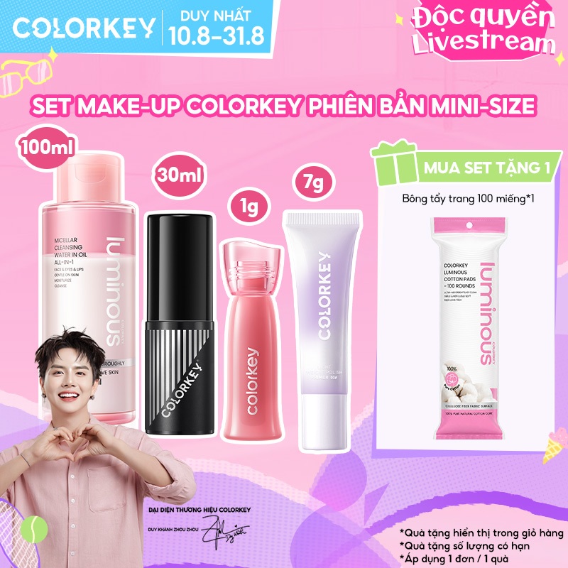 Set Makeup Mini COLORKEY Xịt khoá 30ml & Son Watery Tint 1g & Kem Lót 7g & Nước Tẩy Trang 100ml