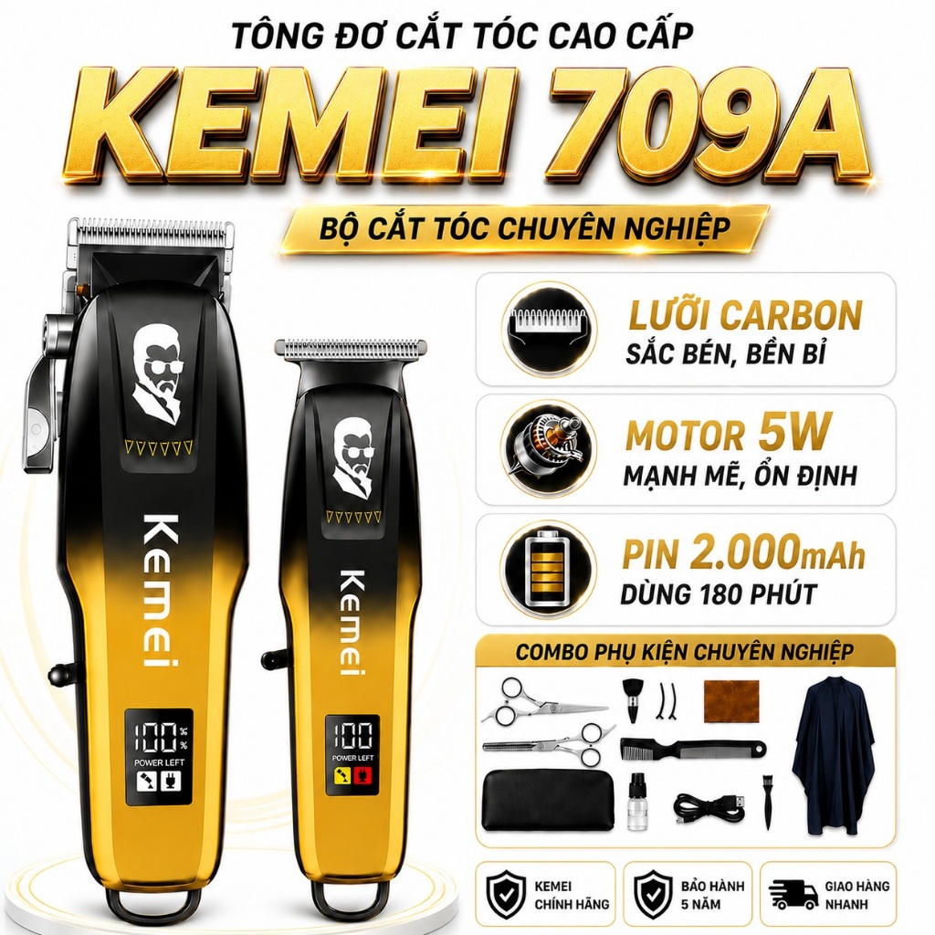 Tông Đơ Cắt Tóc Kemei 709A Chuyên Nghiệp Không Dây Lưỡi Thép Titan Chống Kẹt Tóc