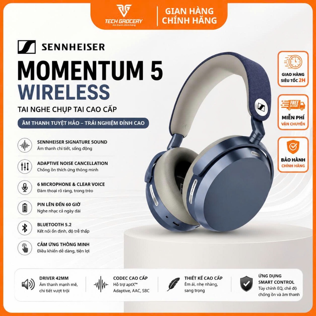 Tai Nghe Chụp Tai Sennheiser MOMENTUM 5 Wireless – Âm Thanh Hi-Res, Chống Ồn ANC -Chính Hãng PGI , Bảo Hành 12 Tháng
