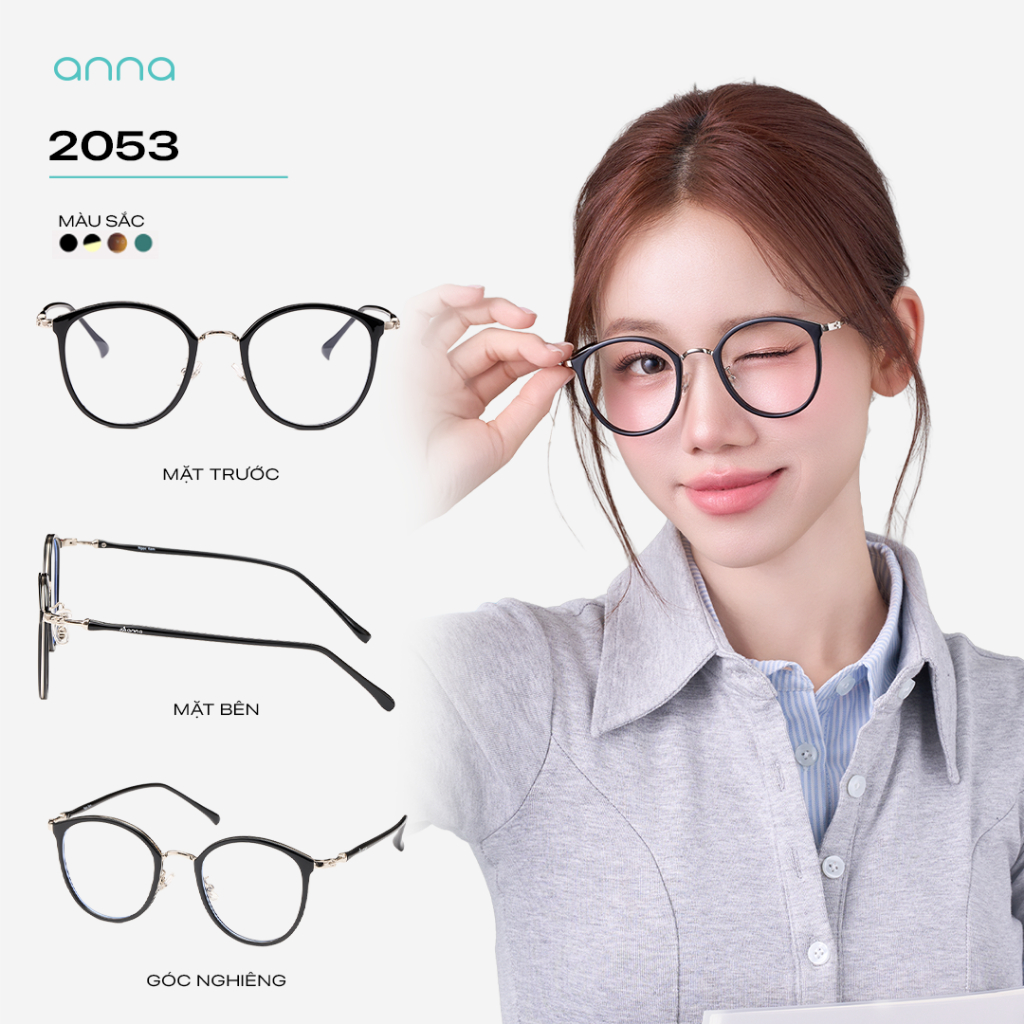 [BACK TO SCHOOL] Gọng kính mắt thời trang nữ ANNA dáng tròn chất liệu nhựa mix kim loại trendy hiện đại 2053