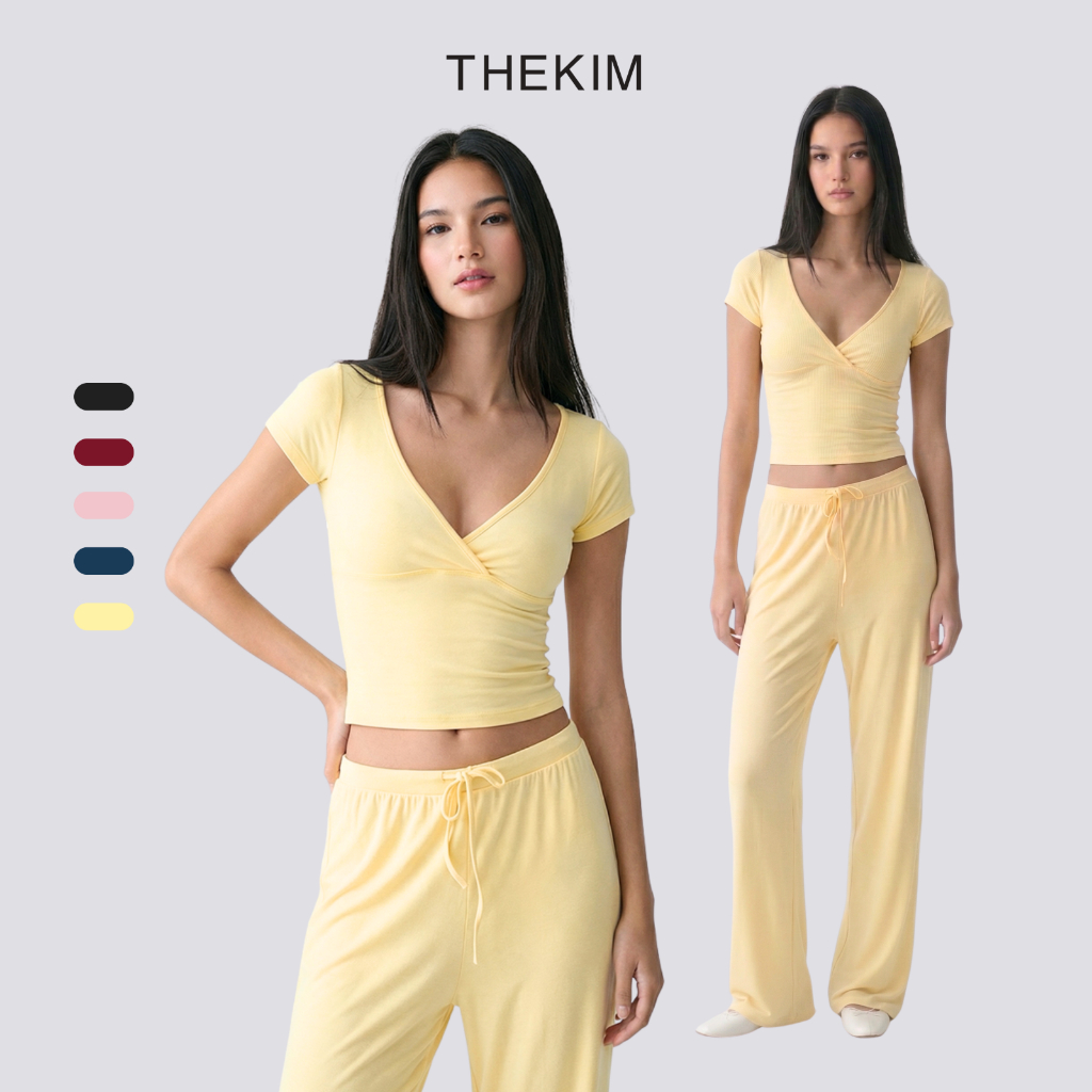 THEKIM SET LẺ Áo tay ngắn cổ V nhún ngực và quần dài ống suông phối dây rút CS398363