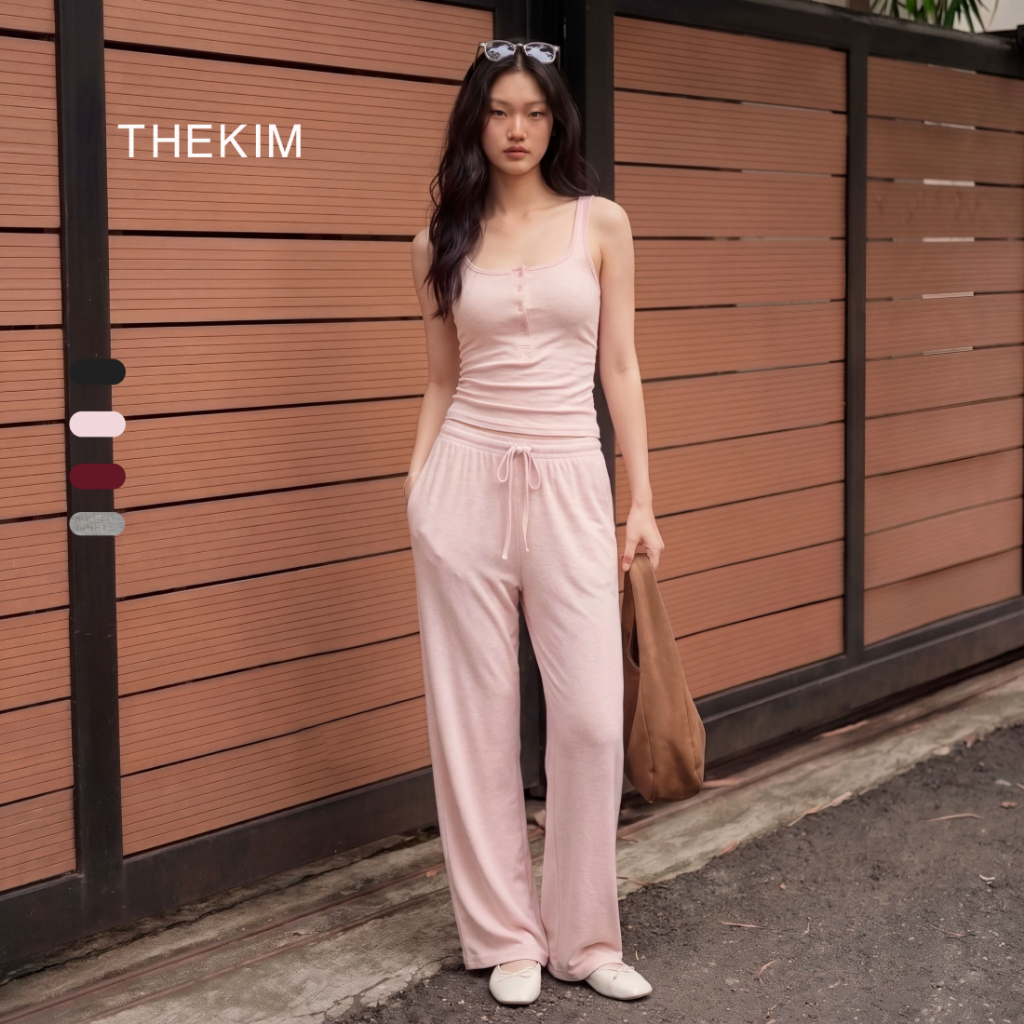 THEKIM Set Élan Áo ba lỗ nẹp cúc, nhún eo và quần dài dáng suông có túi chéo , Set đồ bộ hai dây mặc hàng ngày CS403