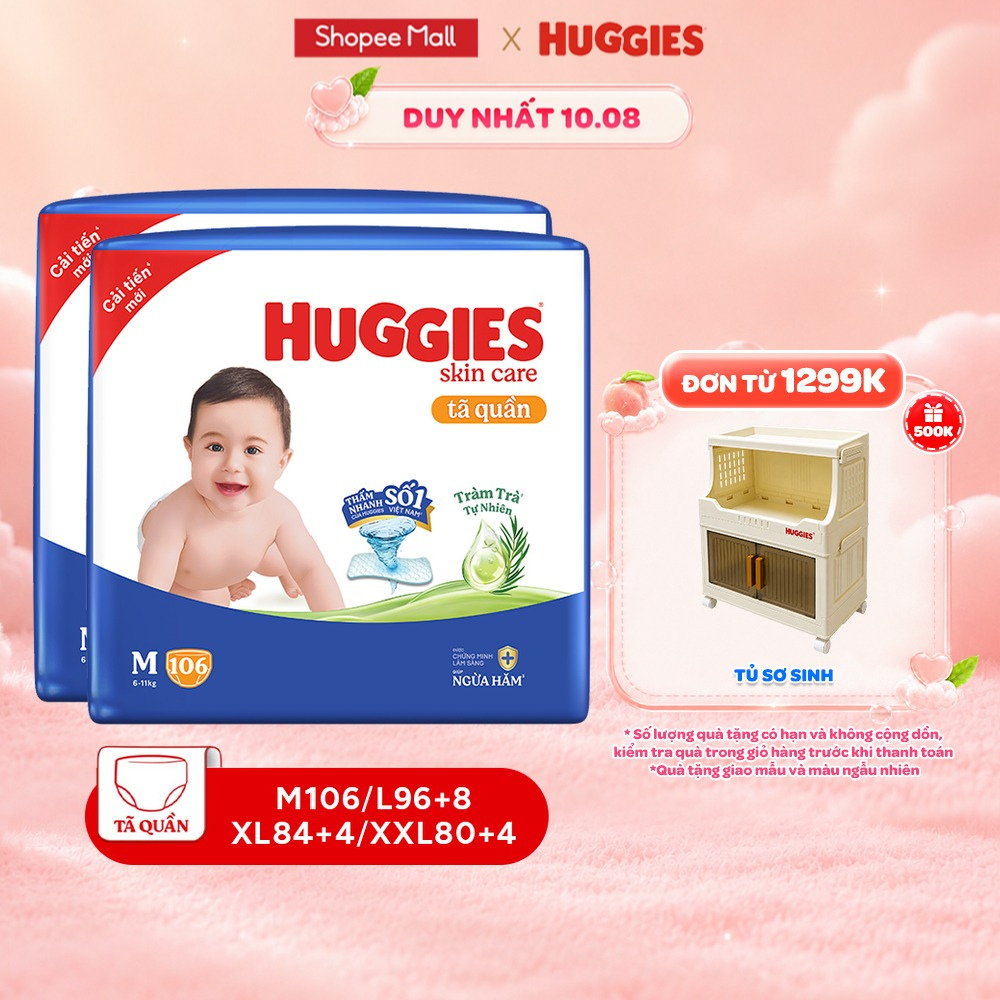 Combo 2 Tã quần Huggies Skincare Mega Jumbo M106/L96+8/XL84+4 với tràm trà dịu da