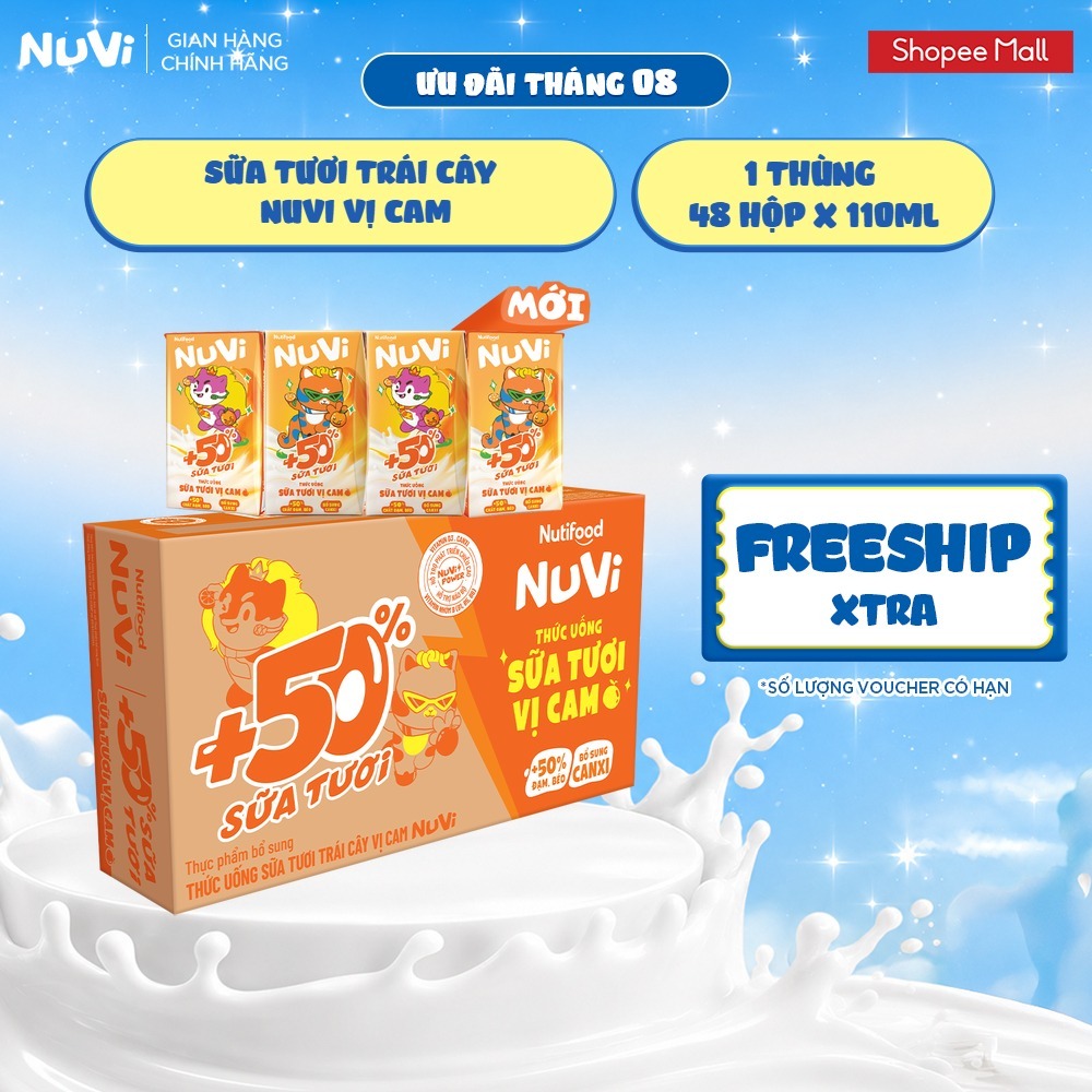 Thùng 48 Hộp Thức Uống Sữa Tươi Trái Cây NuVi Vị Cam 110ml