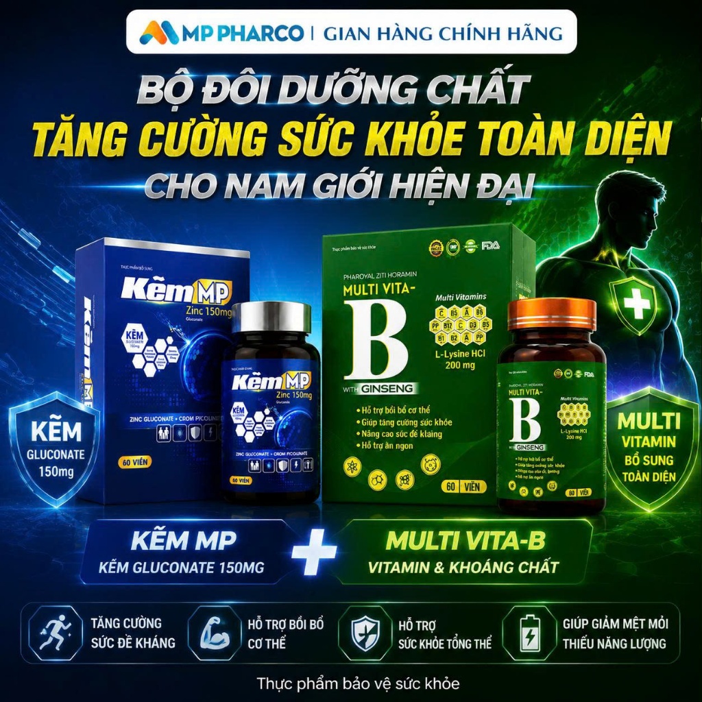 Bộ Đôi TPBS Kẽm MP & TPBVSK Multi Vita-B With Ginseng – Zinc 150mg & Vitamin Tổng Hợp ,Hộp 60 viên MP27a