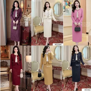 Set Váy Thiết Kế Dạ Tweed Áo Khoác Ngắn Chân Váy Midi Kem Sang Trọng BST MDU5840