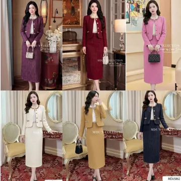 Set Váy Thiết Kế BST MDU5840 Dạ Tweed Từ MDU Áo Khoác Ngắn Chân Váy Midi Kem Sang Trọng