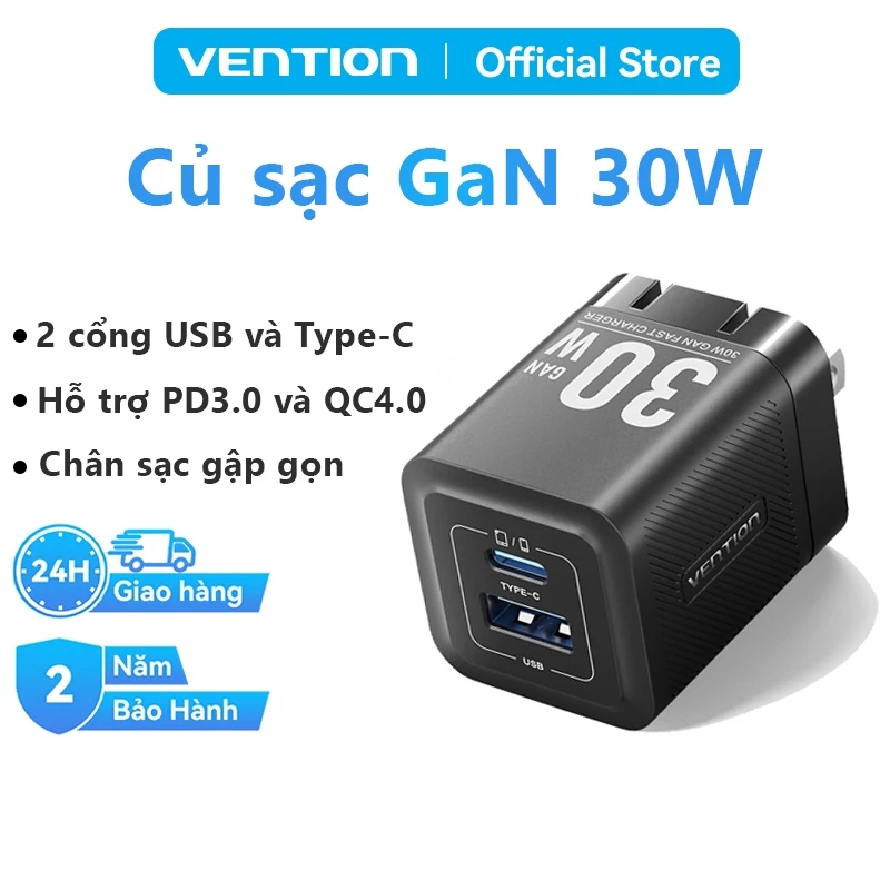 Củ Sạc Nhanh 30W GaN Vention, Tích Hợp 2 Cổng USB và Type C