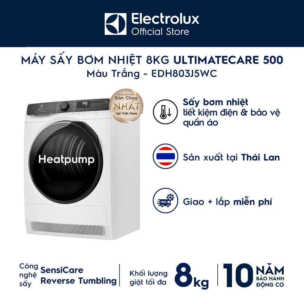 Free giao lắp - Máy sấy bơm nhiệt Electrolux 8kg UltimateCare 500 - Trắng EDH803J5WC