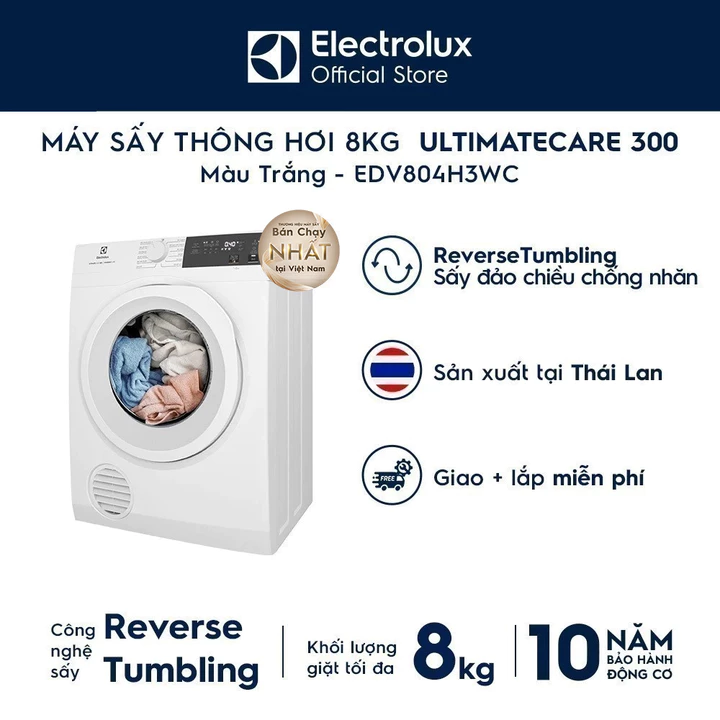 SHOPEE GIAO LẮP HCM HN - Máy sấy thông hơi 8KG Electrolux EDV804H3WC - sấy đảo chiều chống nhăn, diệt khuẩn, bền màu