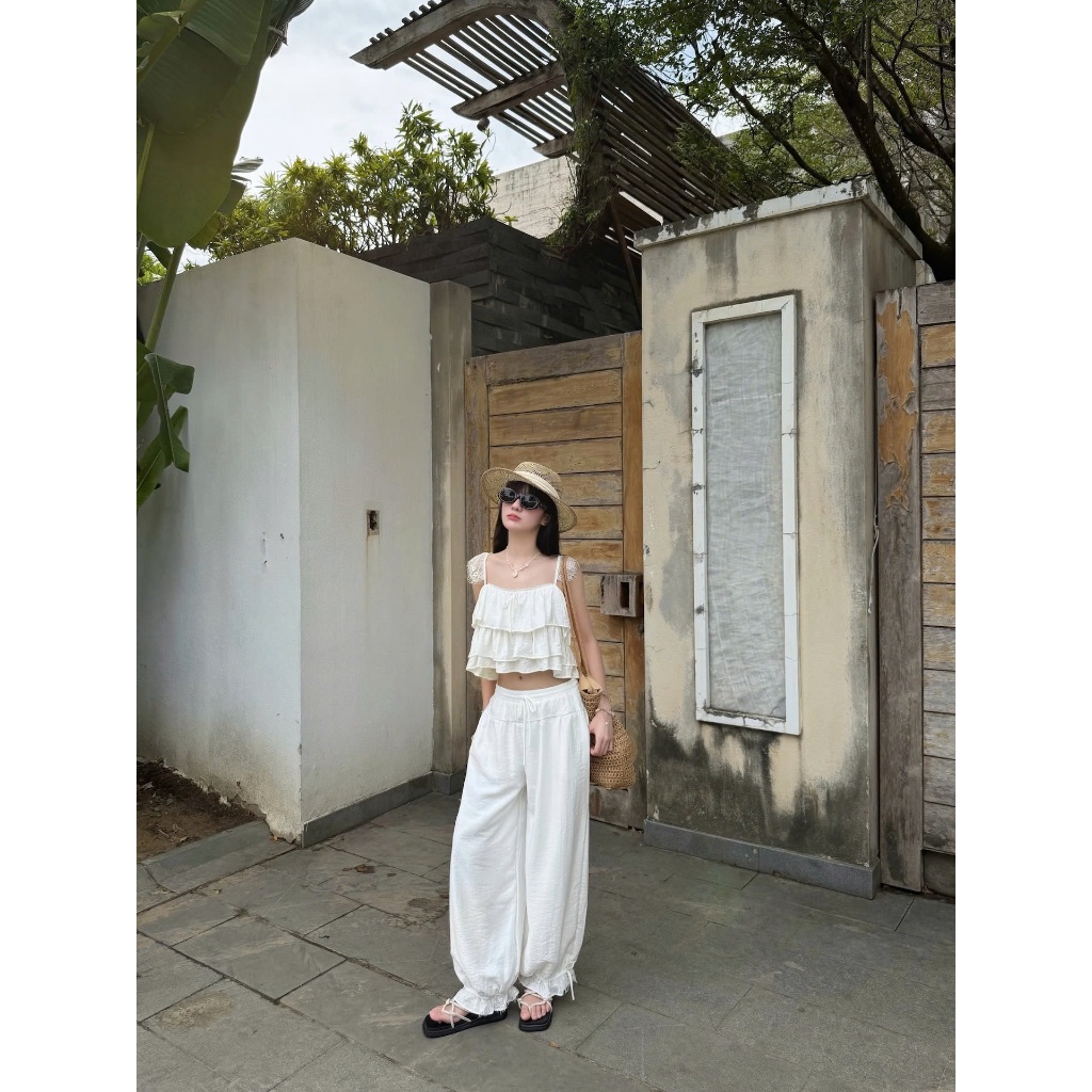 SECODEE - Set Nữ KREMLY Áo Cánh Tiên Xếp Tầng Và Quần Bí Dài Thắt Nơ Mùa Hè