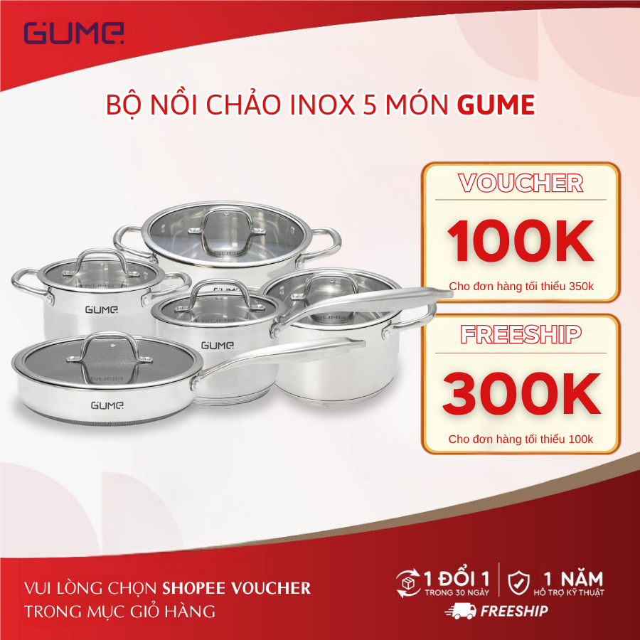 Bộ Nồi Chảo Inox 5 Món GUME GMPPS-2201 Inox 304 Dùng Mọi Bếp, Truyền Nhiệt Nhanh, Chảo Chống Dính