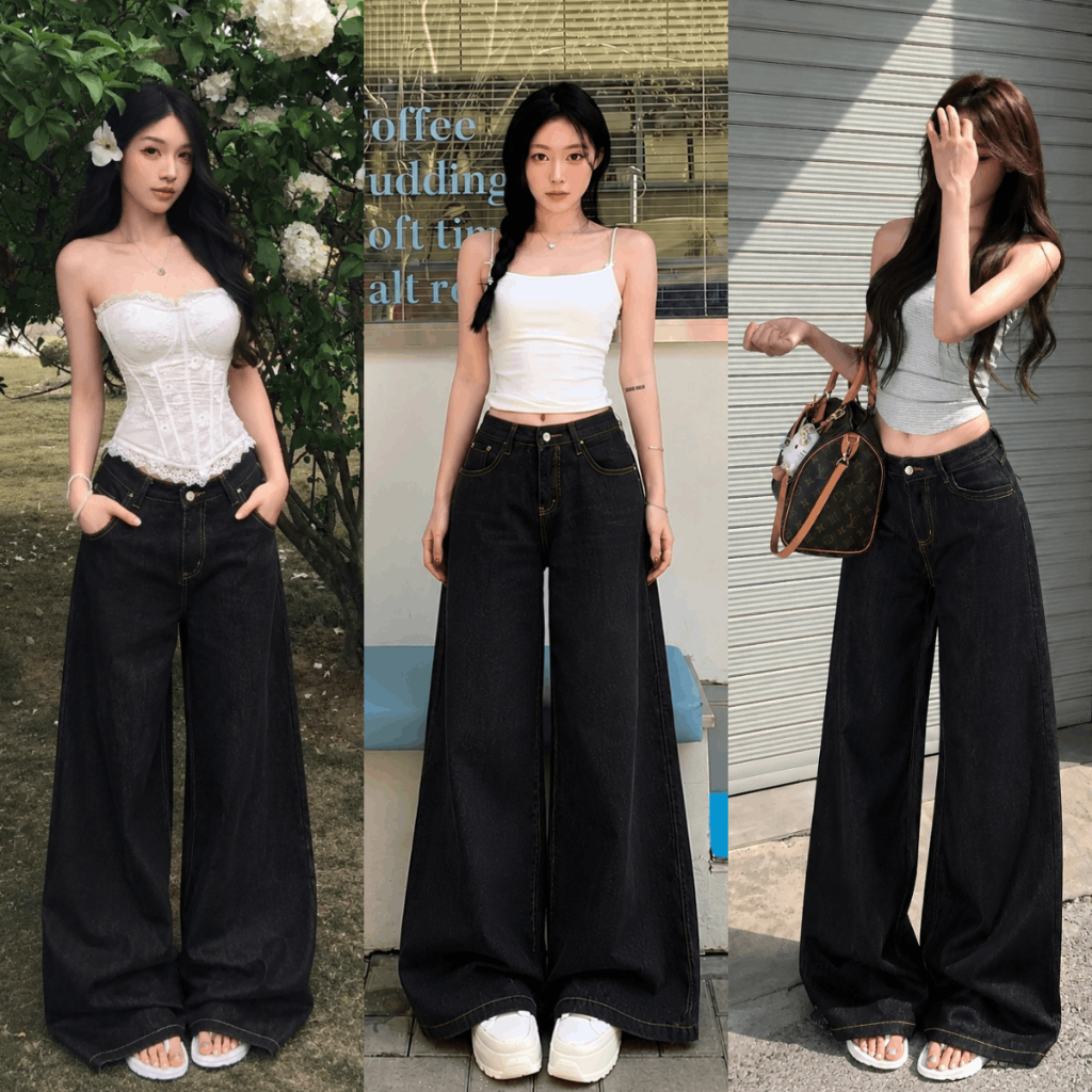 Quần Jean Nữ Suông Ống Rộng 33CM Màu Xám Đen Cạp Cao Ôm Eo Tôn Dáng Quần Bò Jean Denim Mềm Chỉ Nổi BEU