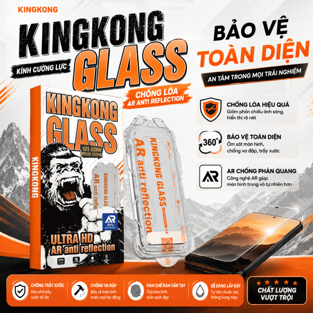 Kính cường lực KINGKONG AR tự dán cao cấp, chống chói lóa, bảo vệ màn hình tuyệt đối cho iph 13 14 15 16 17 18 promax