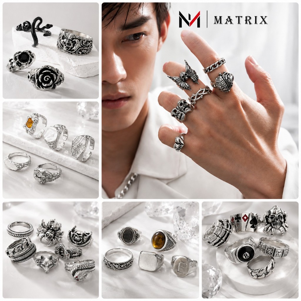 Nhẫn Nam Nữ Set 6 Món Titan Không Gỉ Thời Trang Cá Tính Matrix, Nhẫn Unisex Bộ Sưu Tập 5 Nhẫn Phong Cách Gothic Dễ Phối