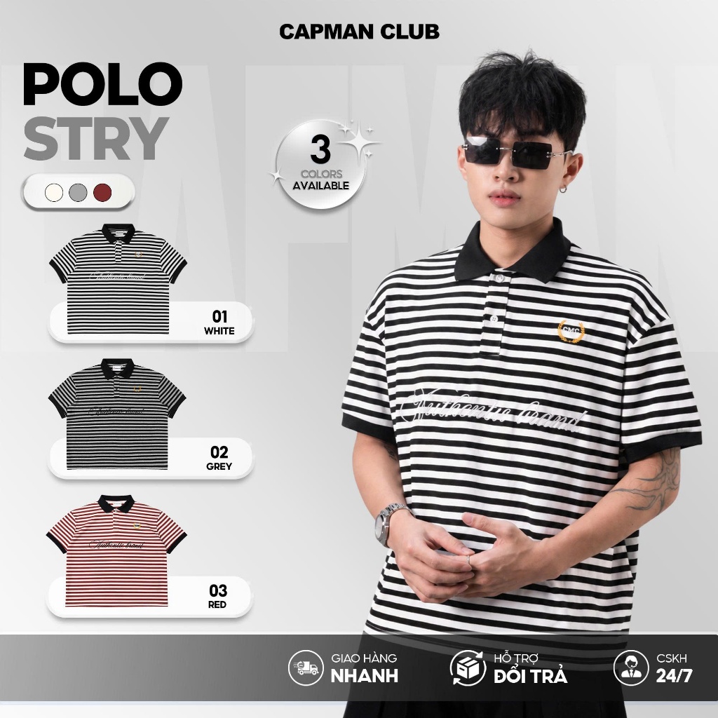 Áo thun Polo nam nữ sọc ngang STRY phom Boxy CAPMAN CLUB, áo polo unisex phom rộng trẻ trung thoải mái | BigBuy360 - bigbuy360.vn