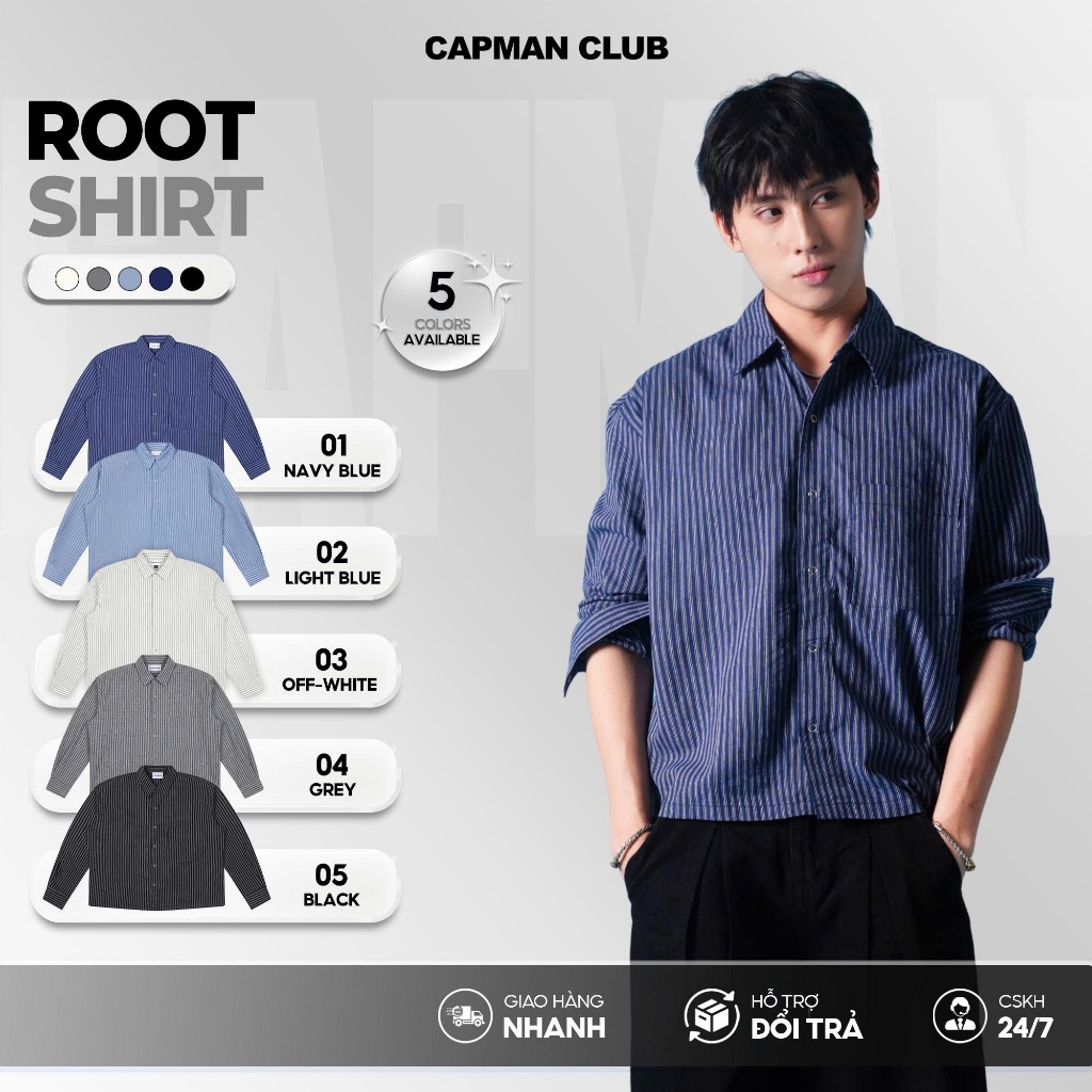 [BEST SELLER] Áo sơ mi nam kẻ sọc tay dài ROOT phom rộng Boxy CAPMAN CLUB, sơ mi phong cách trẻ trung thoải mái
