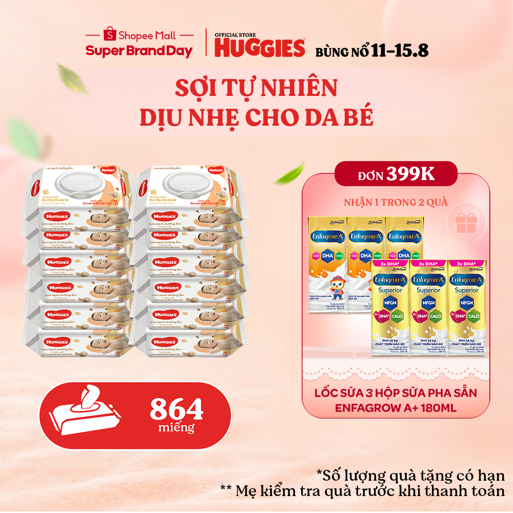Thùng 12 gói khăn ướt Huggies Bơ hạt mỡ (dưỡng da) cao cấp, dày dặn, mềm mịn cho bé (72 miếng/gói)