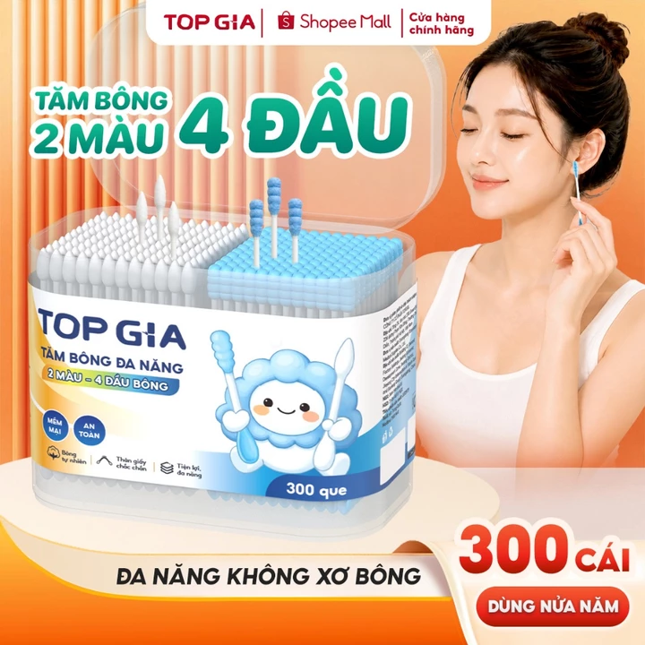 [300 QUE - 4 ĐẦU] Tăm bông đa năng Topgia, bông ngoáy tai 4 đầu vệ sinh đa năng mềm mại hộp 300 chiếc
