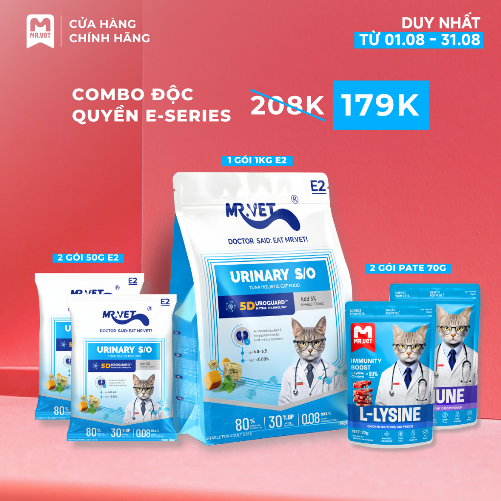 [Exclusive] Hạt Cho Mèo MRVET E2 1KG + 2 Gói Pate 70G (Glow,&Omega), Tặng 2 Gói E2 50G