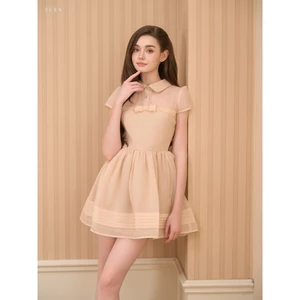 Sera - Váy cổ sen tay hến đính nơ dáng xoè voan tơ Lucia