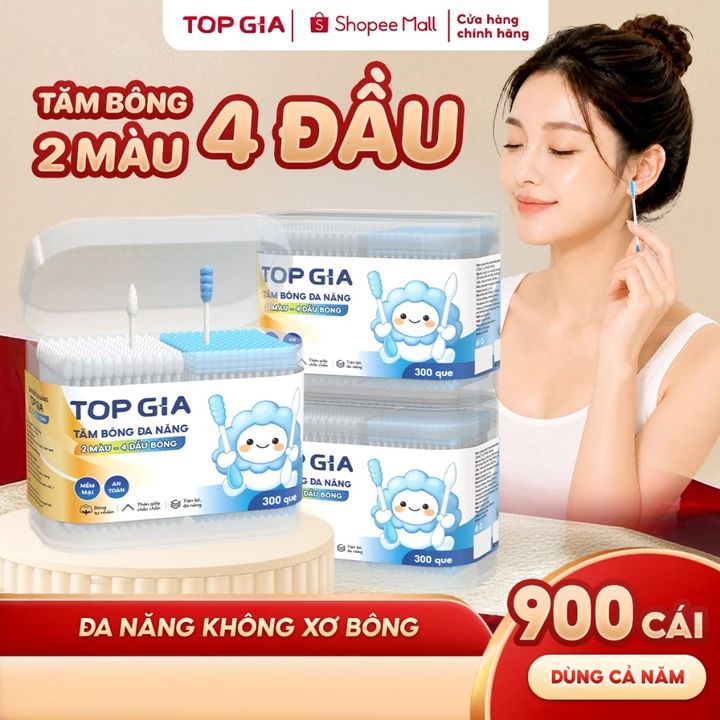 Combo 3 hộp 900 que tăm bông ngoáy tai Topgia 4 đầu đa năng vệ sinh mềm mịn, an toàn