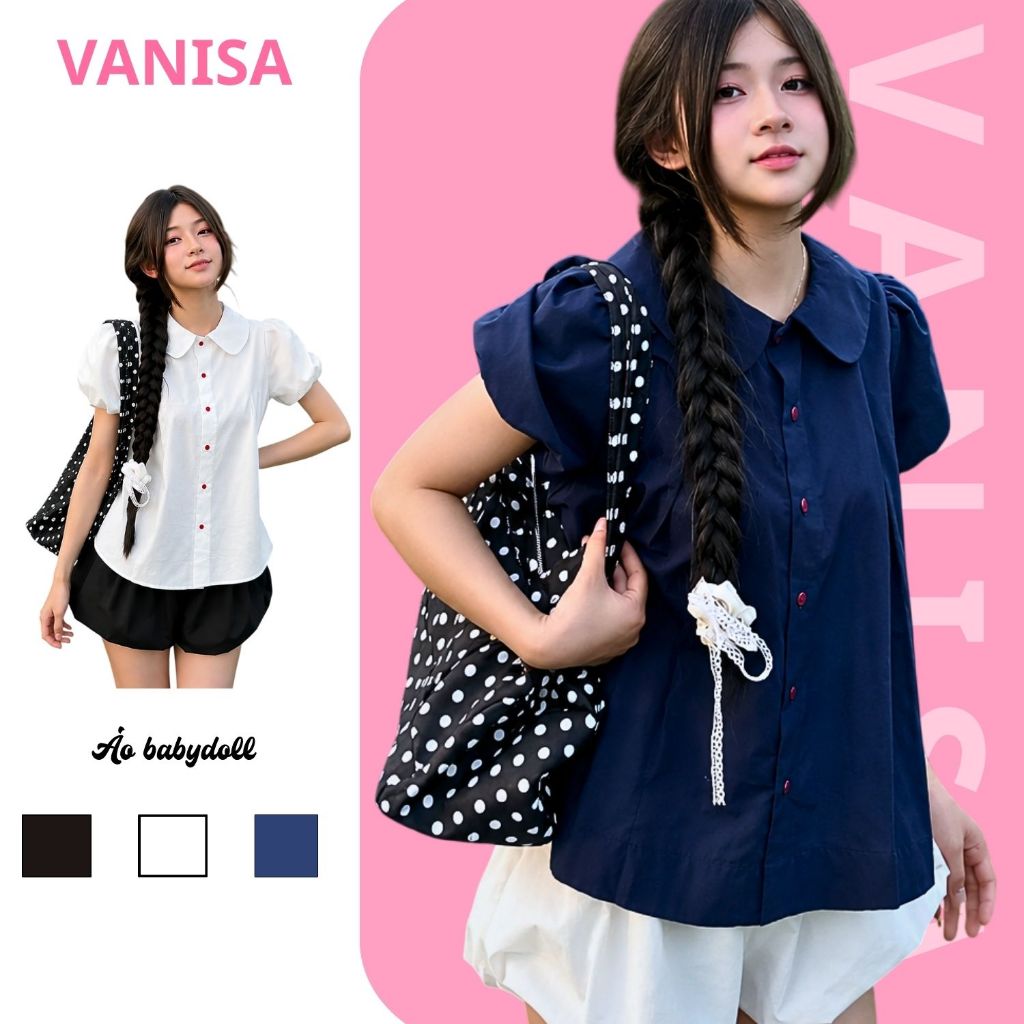 Áo sơ mi nữ kiểu bèo cổ sen tay bồng dáng babydoll form rộng tiểu thư xanh đen  VANISA SM933