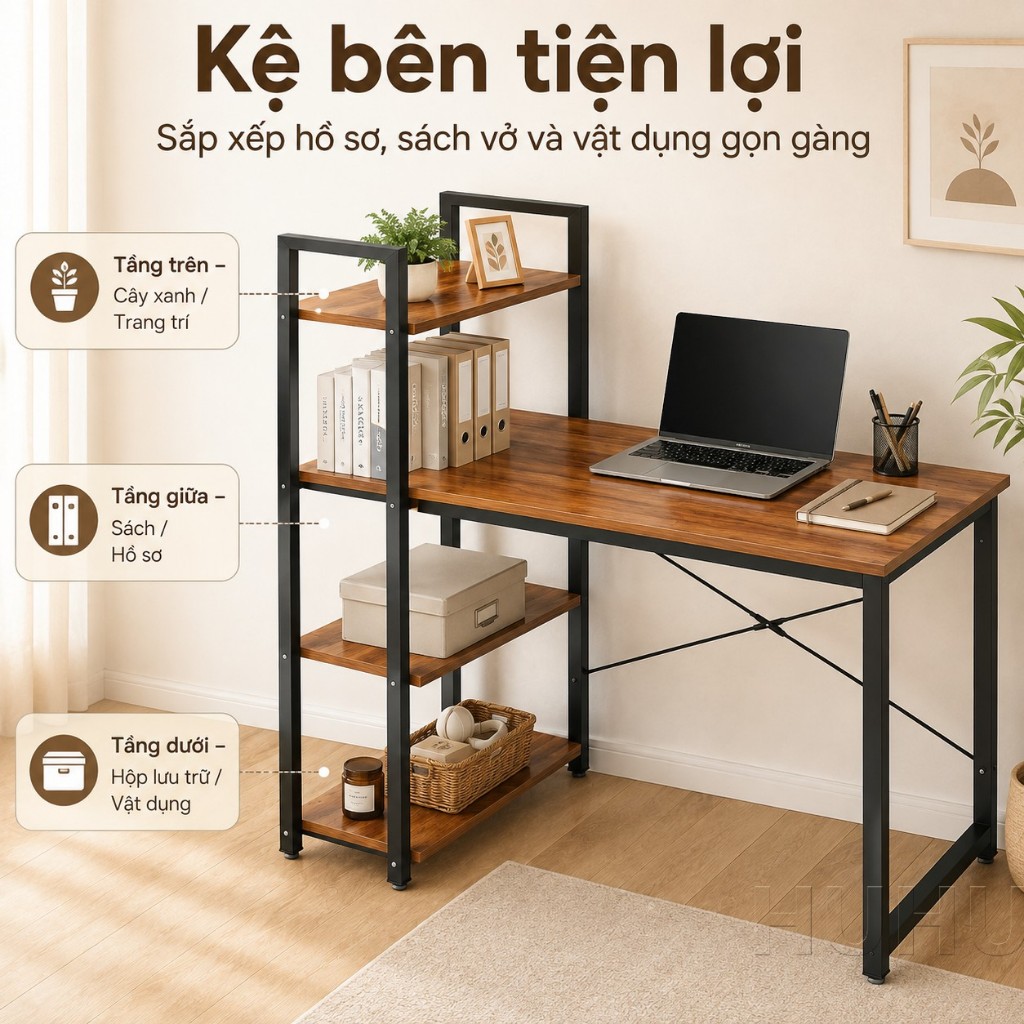 HUHU Bàn Học Bàn Làm Việc Kèm Kệ Sách 4 Tầng MDF 12mm Khung Thép Chắc Chắn Học Tập Hiện Đại | BigBuy360 - bigbuy360.vn