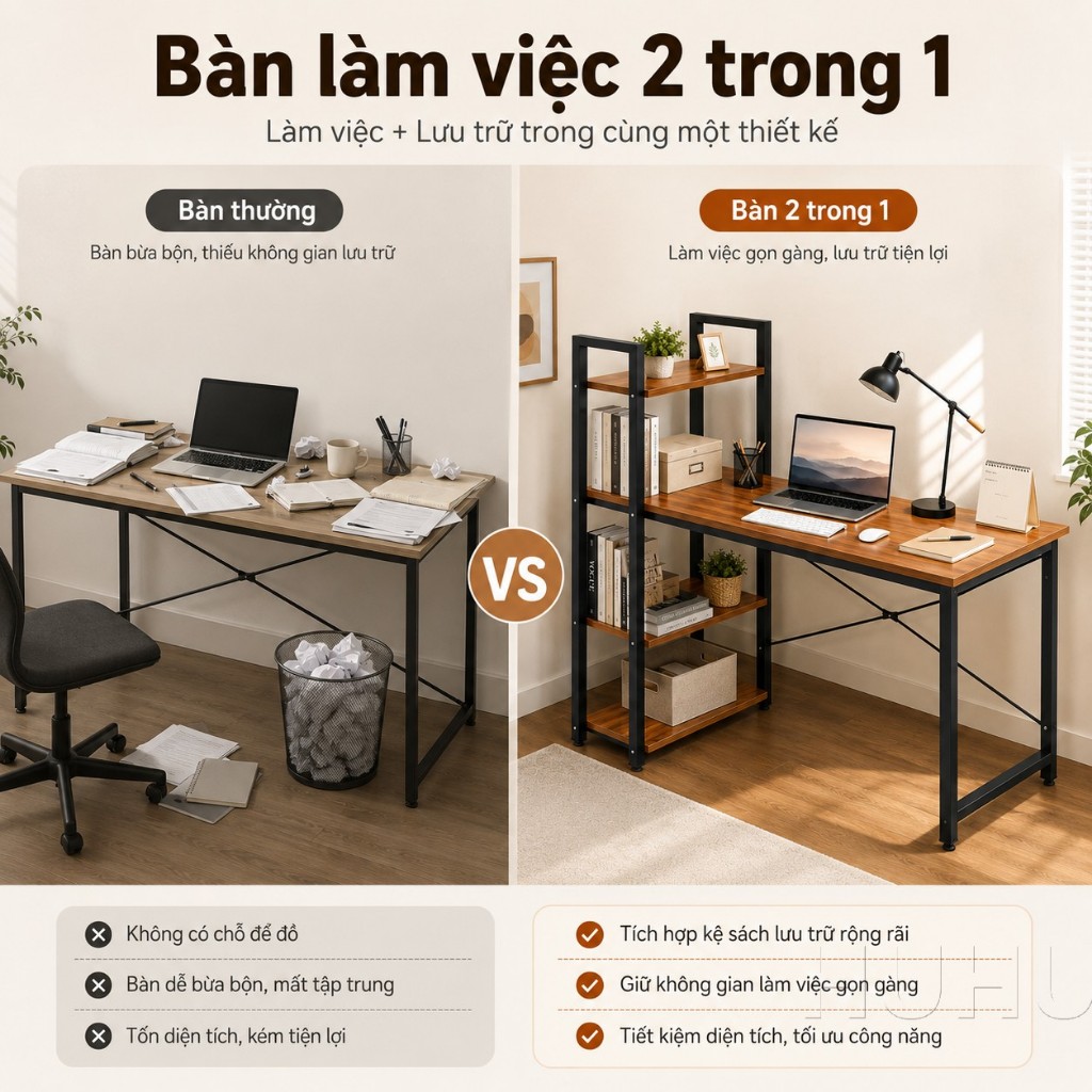 HUHU Bàn Học Bàn Làm Việc Kèm Kệ Sách 4 Tầng MDF 12mm Khung Thép Chắc Chắn Học Tập Hiện Đại | BigBuy360 - bigbuy360.vn