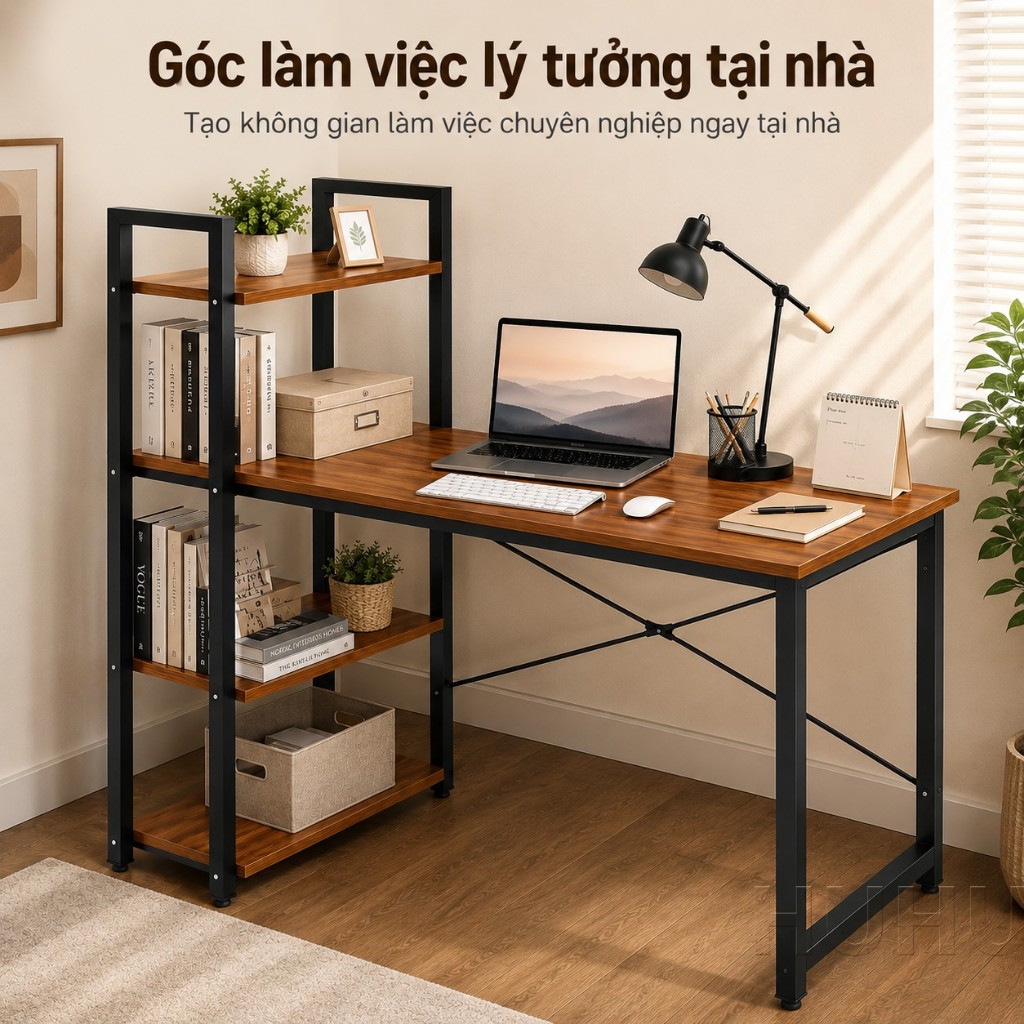 HUHU Bàn Học Bàn Làm Việc Kèm Kệ Sách 4 Tầng MDF 12mm Khung Thép Chắc Chắn Học Tập Hiện Đại | BigBuy360 - bigbuy360.vn