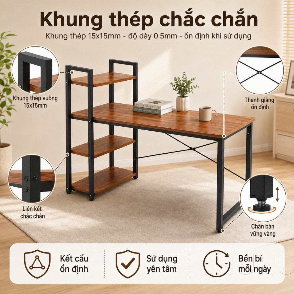 HUHU Bàn Học Bàn Làm Việc Kèm Kệ Sách 4 Tầng MDF 12mm Khung Thép Chắc Chắn Học Tập Hiện Đại | BigBuy360 - bigbuy360.vn