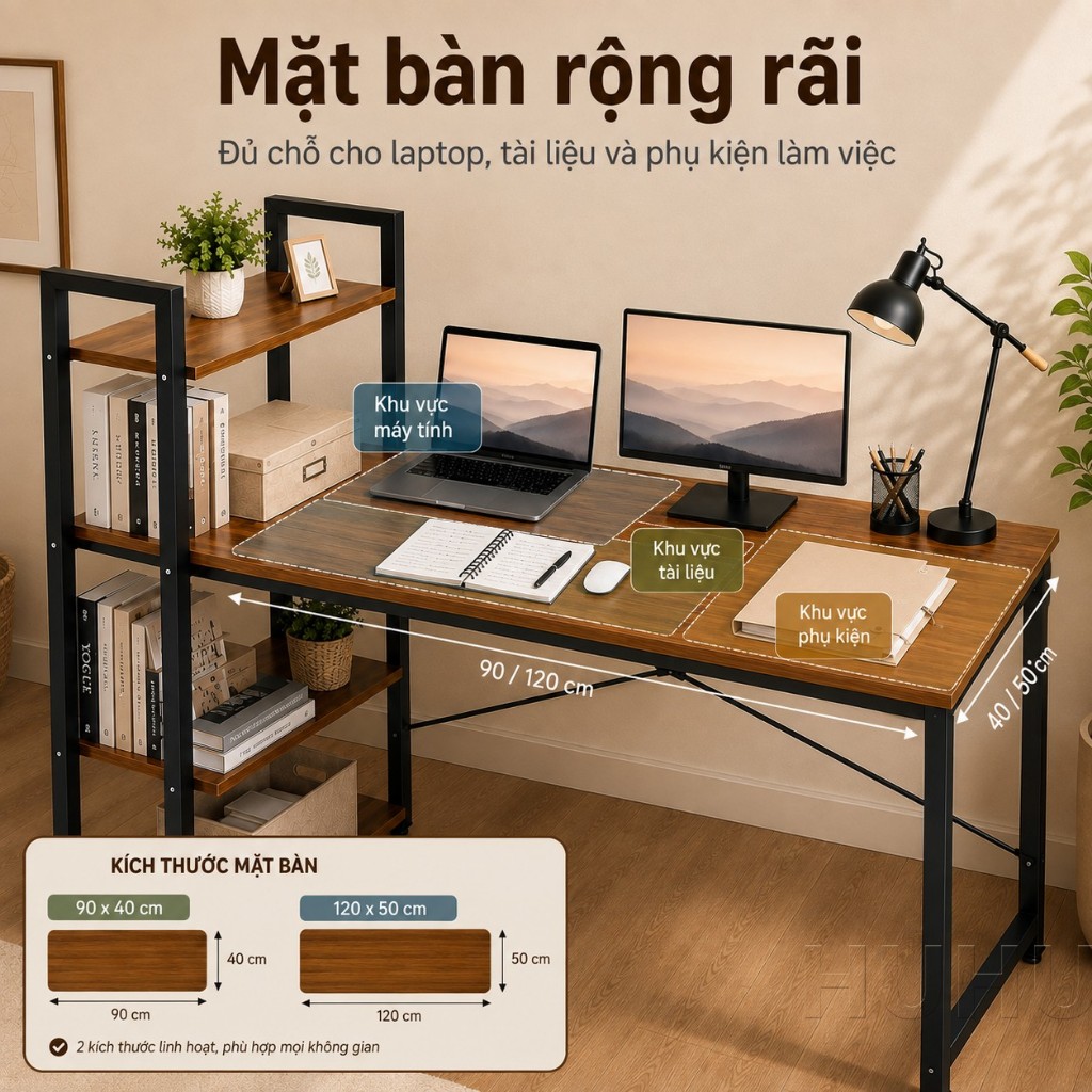 HUHU Bàn Học Bàn Làm Việc Kèm Kệ Sách 4 Tầng MDF 12mm Khung Thép Chắc Chắn Học Tập Hiện Đại | BigBuy360 - bigbuy360.vn