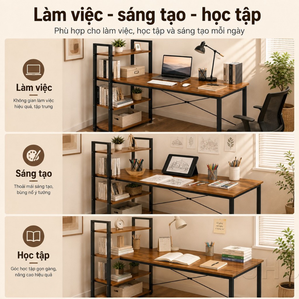 HUHU Bàn Học Bàn Làm Việc Kèm Kệ Sách 4 Tầng MDF 12mm Khung Thép Chắc Chắn Học Tập Hiện Đại | BigBuy360 - bigbuy360.vn