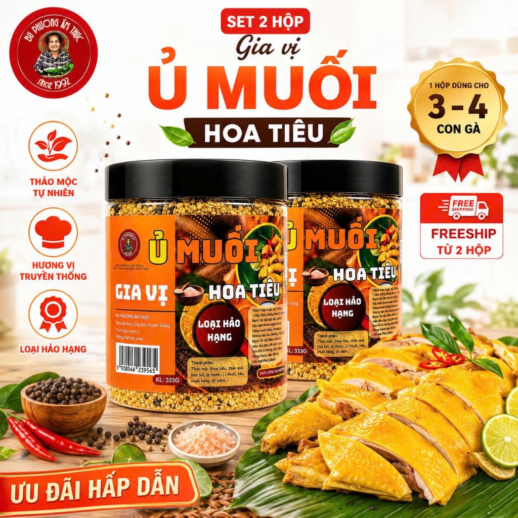 Combo 2 Hộp Gia Vị Ủ Muối Hoa Tiêu Bu Phương 333G | Gia Vị Làm Gà Ủ Muối, Vịt Ủ Muối, Tai Heo, Bắp Bò Chuẩn Vị