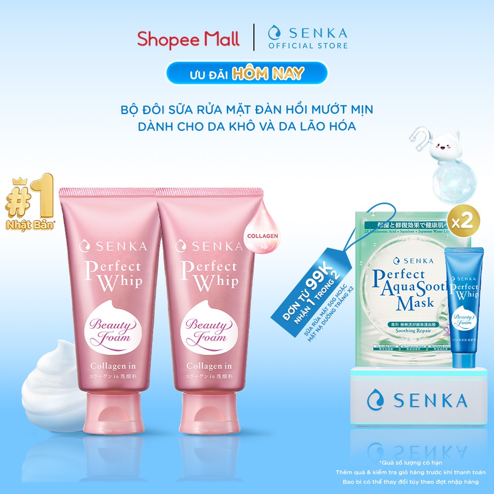 Bộ 02 sữa rửa mặt đàn hồi mướt mịn SENKA PERFECT WHIP collagen in 120g/chai