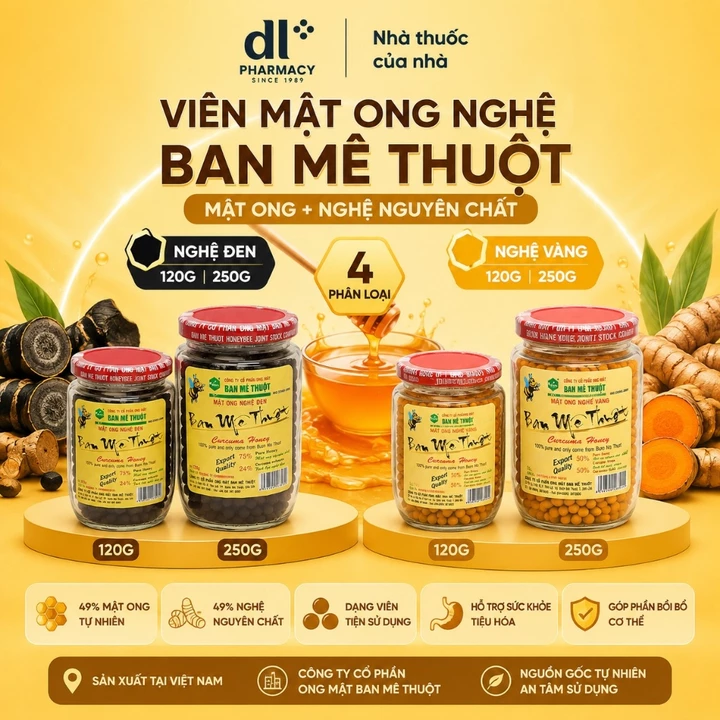 Viên mật ong nghệ Buôn Mê Thuột 120g hoặc 250g, chọn nghệ đen hoặc nghệ vàng | Đức Long Pharmacy
