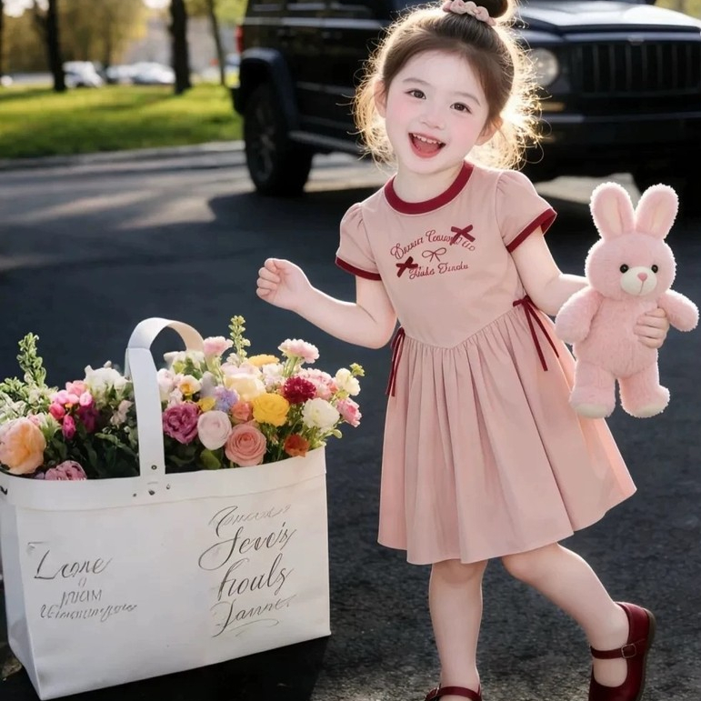 Váy Tiểu Thư Cho Bé Gái Phối Dây Viền Xinh Xắn Dễ Thương Chất Cotton,sz9-32kg
