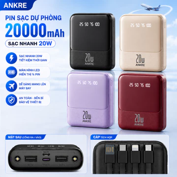 Pin Sạc Dự Phòng ANKRE 20000mAh Sạc Nhanh 20W, Tích Hợp 4 Dây USB Type-C Lightning Micro, Màn Hình LED, Sạc Nhiều Thiết