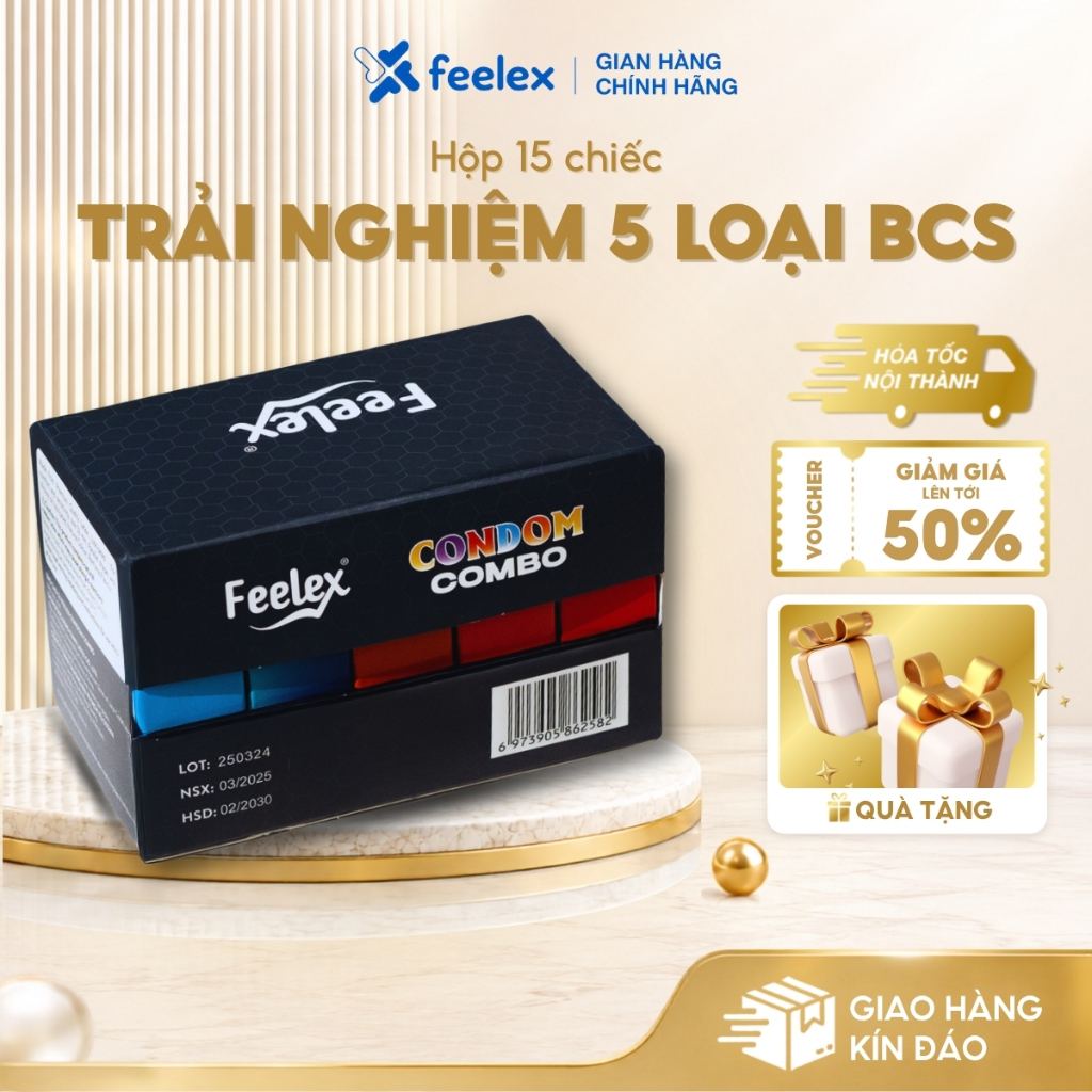 Combo Bao cao su 5 in 1 Feelex siêu mỏng, nhiều gel, gân gai đem lại nhiều cung bậc cảm xúc cùng một hộp 15 chiếc