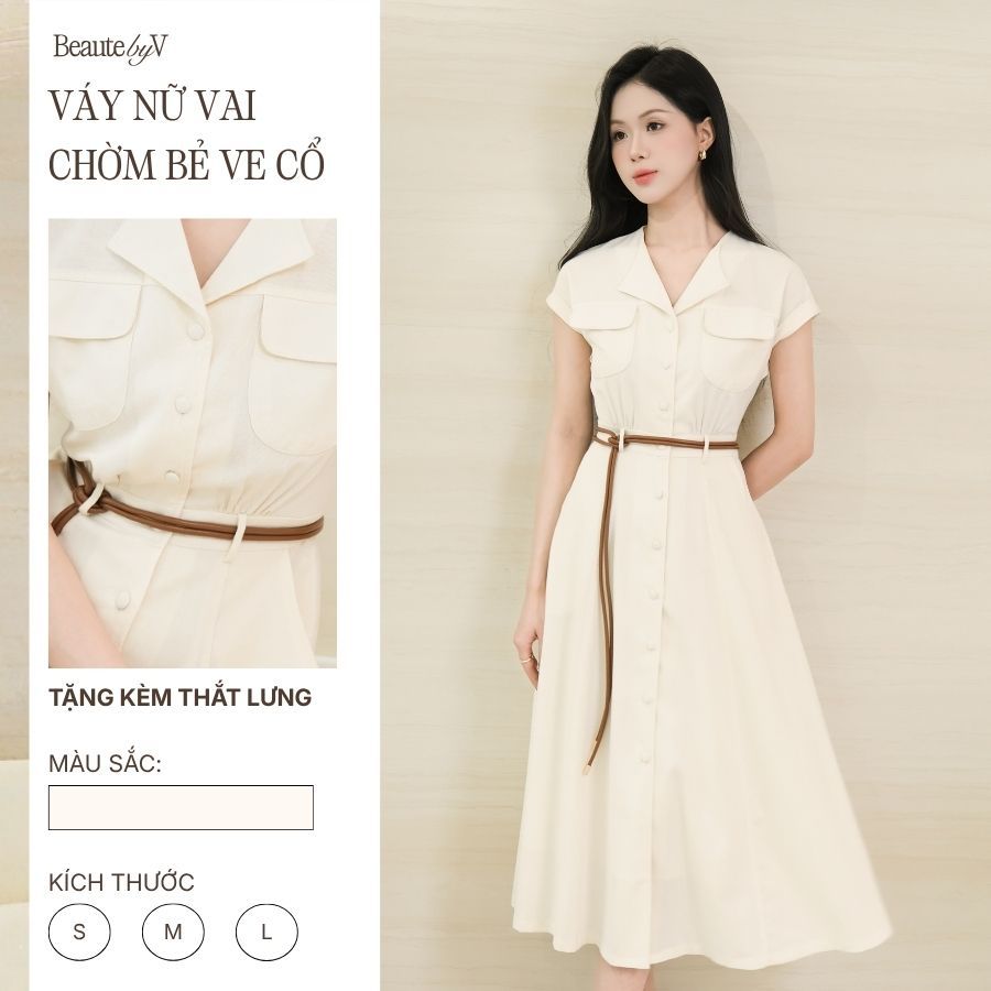 Váy nữ ngắn tay dáng dài cổ sơ mi vai chờm bẻ cổ Hana BEAUTEBYV Hàng công sở cao cấp (Tặng kèm đai)