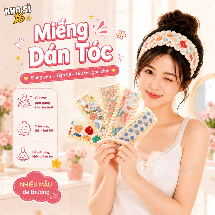 Băng Đô Dán Mái Tóc Viền Ren, Họa Tiết Dễ Thương, Cố Định Mái Tóc Gọn Gàng Khi Makeup_khosi16